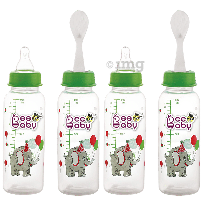 BeeBaby 2 in 1 Gentle Slim Neck Baby Feeding Bottle with Anti - Colic Gentle Touch Silicone Nipple and Feeder Spoon 8 Months + (250ml Each) Green