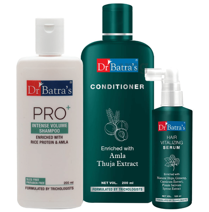 Dr Batra's Combo Pack of Pro+ Intense Volume Shampoo 200ml, Hair Vitalizing Serum 125ml and Conditioner 200ml