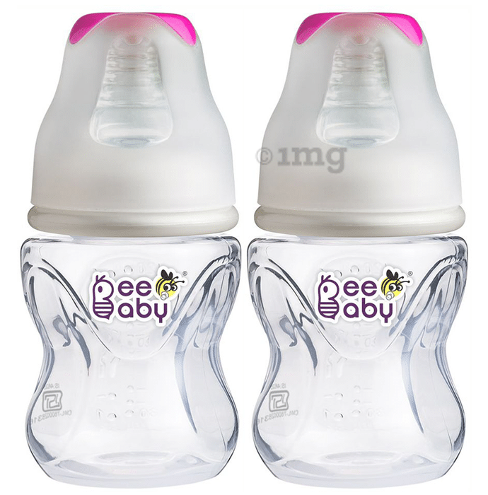 BeeBaby Comfort Slim Neck Baby Feeding Bottle with Slow Flow Anti-Colic Silicone Nipple. Infants 4 Months + (120ml Each) Pink
