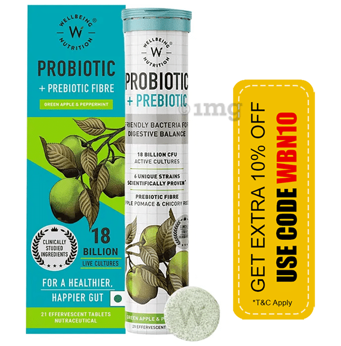 Wellbeing Nutrition Probiotic + Prebiotic Fibre with 18 Billion CFU |  Effervescent Tablet for Gut Health | Flavour Green Apple & Mint