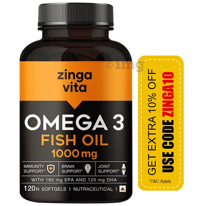 Zingavita Omega 3 Fish Oil 1000mg Soft Gelatin Capsule with EPA & DHA | For Heart, Brain & Joint Health |