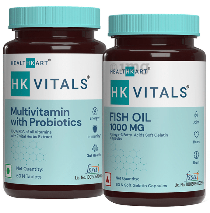 HealthKart Combo Pack of HK Vitals Multivitamin with Probiotics Tablet & Fish Oil 1000mg Soft Gelation Capsule (60 Each)