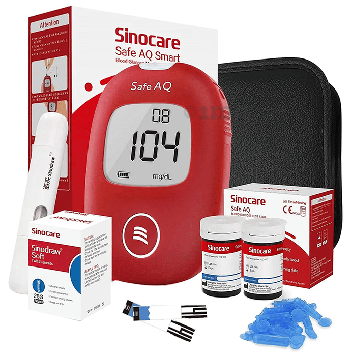 Sinocare Safe AQ Smart Glucometer Set with 10 strip and Extra 50 Strip with 50 Lancets