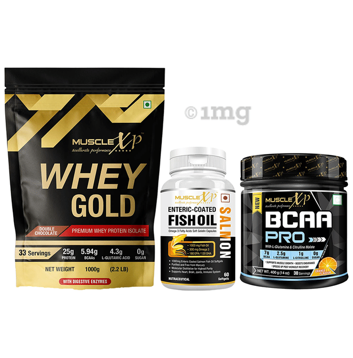 MuscleXP Combo Pack of Whey Gold Double Chocolate (1kg), Salmon Fish Oil Softgel Capsule (60) & BCAA Pro Orange (400gm)