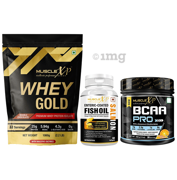 MuscleXP Combo Pack of Whey Gold Double Chocolate (1kg), Salmon Fish