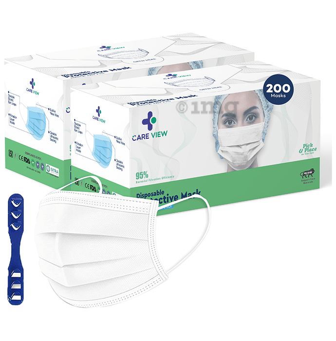 Care View CV2992 Sitra Approved 3 Ply Colored Disposable Surgical Mask with Built in Metal Nose Pin and 1 Melt Blown Layer (50 Each) White