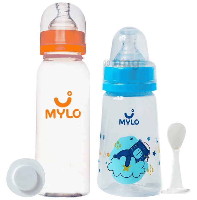 Mylo 2 In 1 BPA Free with Anti-Colic Nipple & Spoon Baby Feeding Bottle (125ml & 250 ml) Bear & Zesty Orange