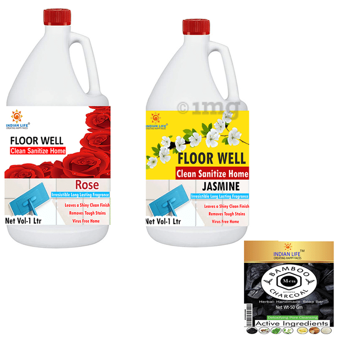 Indian Life Combo Pack of Floor Well Disinfectants Rose & Jasmine (1ltr Each) with Charcoal Soap (50gm) Free