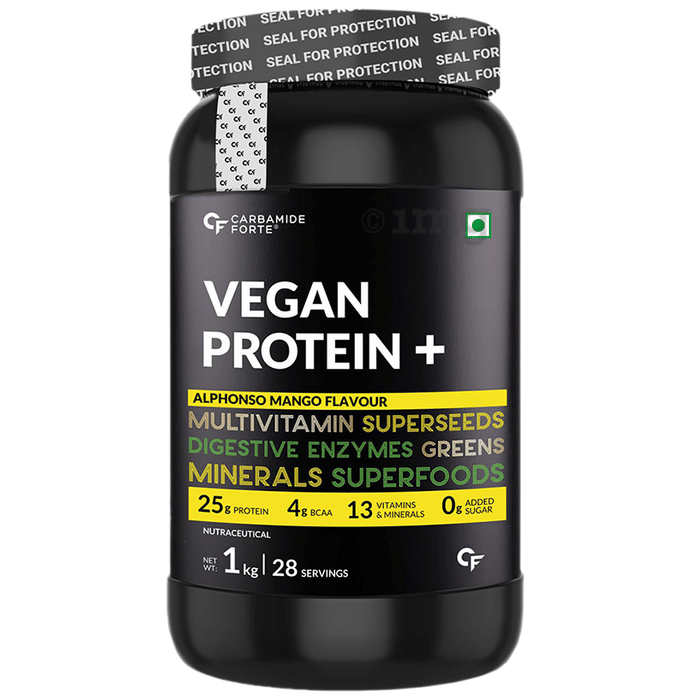 Carbamide Forte Vegan Protein+ with Multivitamins | No Added Sugar | Flavour Powder Alphonso Mango