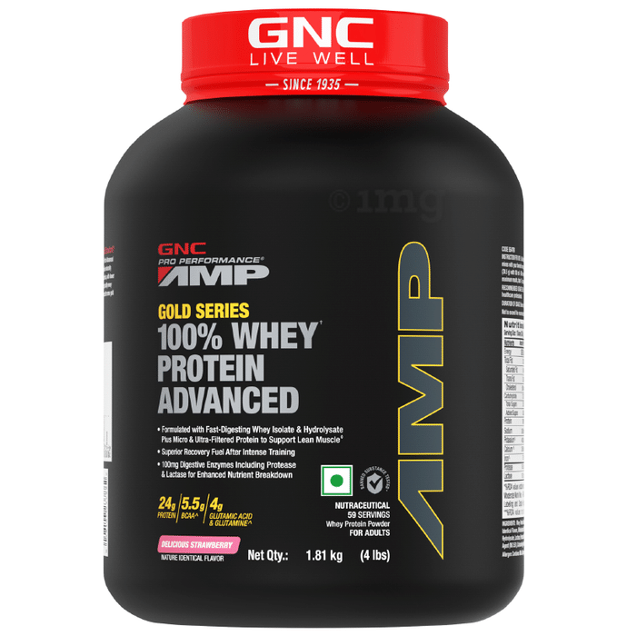 GNC Amp Gold 100% Whey Protein Advanced Powder with Digestive Enzymes | For Lean Muscles | Flavour Powder Delicious Strawberry