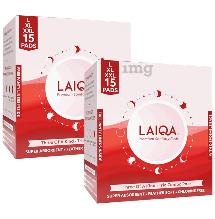 Laiqa Combo Pack of Premium Sanitary Pads (5) Large (5)XL & (10) XXL with (15) Disposable Bag and (3) Panty Liner