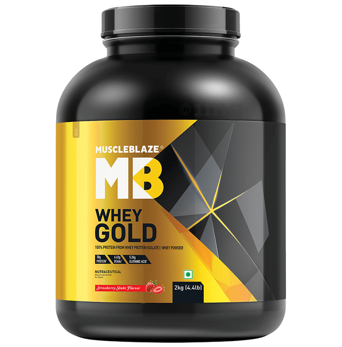 MuscleBlaze Whey Gold 100% Whey Protein Isolate | With Digestive Enzymes | Powder for Muscle Synthesis | Flavour Powder Strawberry Shake