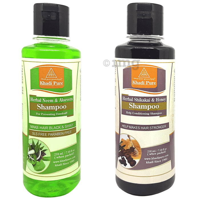 Khadi Pure Combo Pack of Herbal Shikakai & Honey Shampoo & Herbal Neem & Aloevera Shampoo SLS Free & Paraben Free (210ml Each)