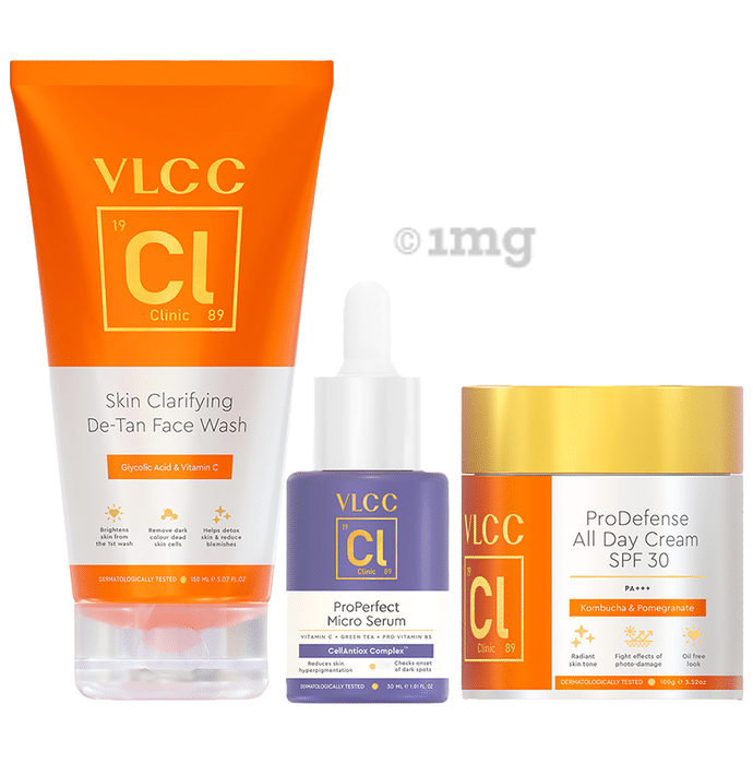VLCC Clinic Skin Clarifying De-Tan Face Wash (150 ml ) & ProPerfect Micro Serum (30 ml) & Pro Defense All Day Cream SPF 30  (100 gm)