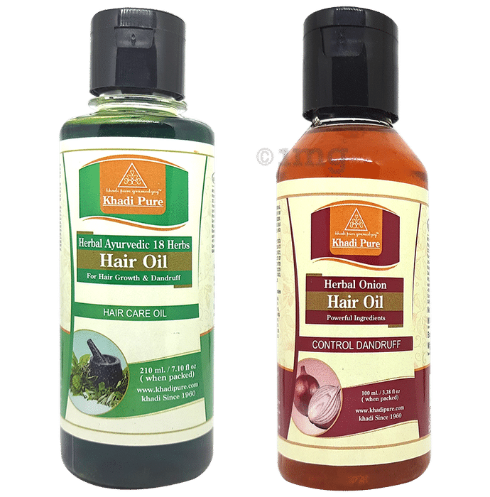 Khadi Pure Combo Pack of Herbal Onion Hair Oil & Herbal Ayurvedic 18 Herbs Hair Oil (210ml Each)