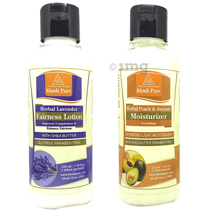 Khadi Pure Combo Pack of Herbal Peach & Avocado Moisturizer & Herbal Lavender Fairness Lotion SLS Free & Paraben Free (210ml Each)