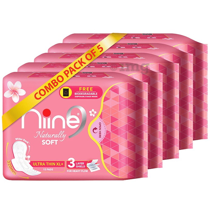 Niine Naturally Soft  Pads (15 Each) with Biodegradable Disposal Bag Inside Free Ultra Thin XL+