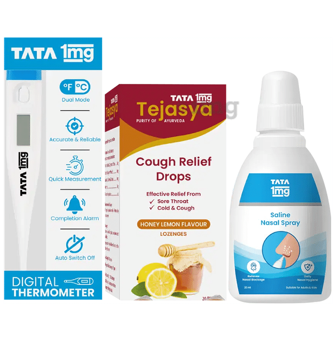 Tata 1mg Digital Thermometer with One Touch Operation for Child and Adult, Tata 1mg Tejasya Cough Relief Drops Honey Lemon & Tata 1mg Saline Nasal Spray