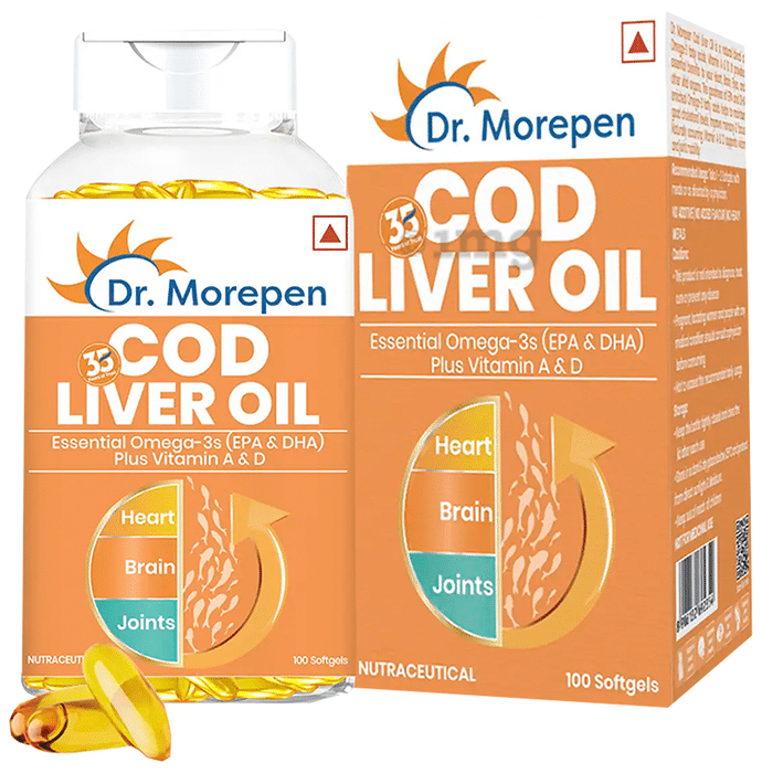Dr. Morepen Cod Liver Oil with Omega-3, Vitamin A & D | Softgel for Heart, Brain & Joints Health
