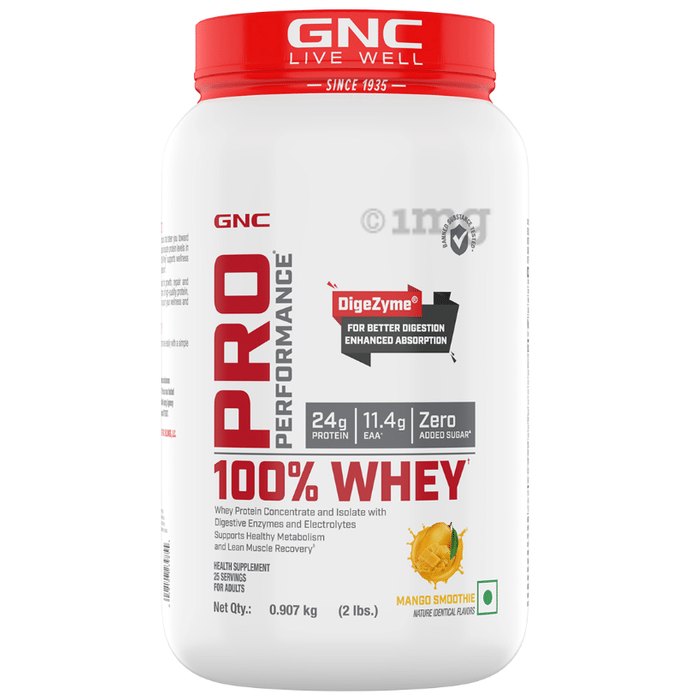 GNC Pro Performance 100% Whey Protein |  With Digestive Enzymes & Electrolytes | For Metabolism & Lean Muscles Recovery | Flavour Powder Mango Smoothie