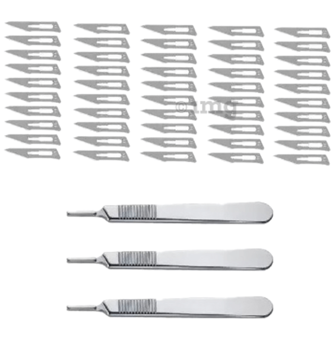 Agarwals Scalpel Handle No-3 with Sai Plus Life Carbon Steel Surgical Scalpel Blades No-11 (50)