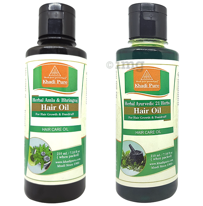 Khadi Pure Combo Pack of Herbal Ayurvedic 21 Herbs Hair Oil & Herbal Amla & Bhringraj Hair Oil (210ml Each)