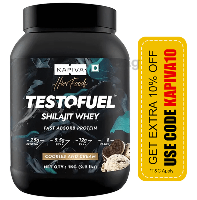 Kapiva TestoFuel Shilajit Whey Protein | Digezyme | Faster Absorption | Boosts Stamina |25gm Protein Powder Cookies and Cream