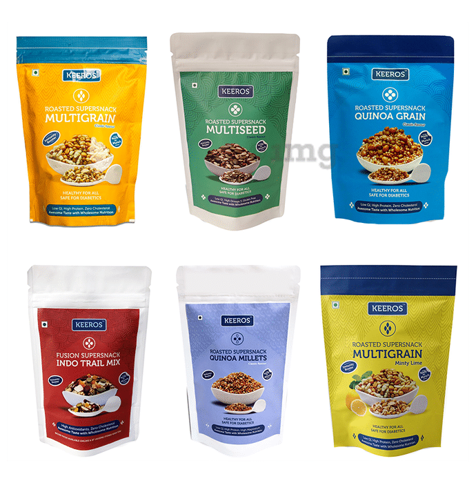 Keeros Combo Pack of Multigrain 200gm, Multiseed 250gm, Quinoa Grain 250gm, Indo Trail Mix 200gm, Multigrain Minty Lime 200gm & 2 Packets of Quinoa Millets (100gm Each)