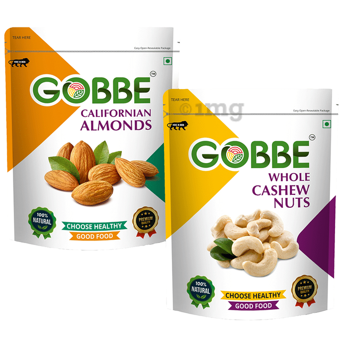 Gobbe Combo Pack of Californian Almonds & Whole Cashew Nuts (200gm Each)