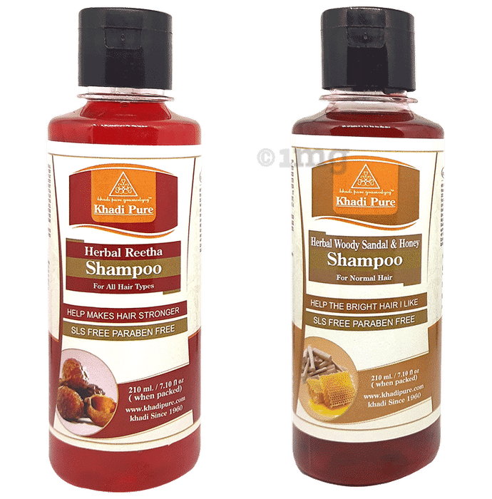 Khadi Pure Combo Pack of Herbal Reetha Shampoo & Herbal Woody Sandal & Honey Shampoo SLS Free & Paraben Free (210ml Each)