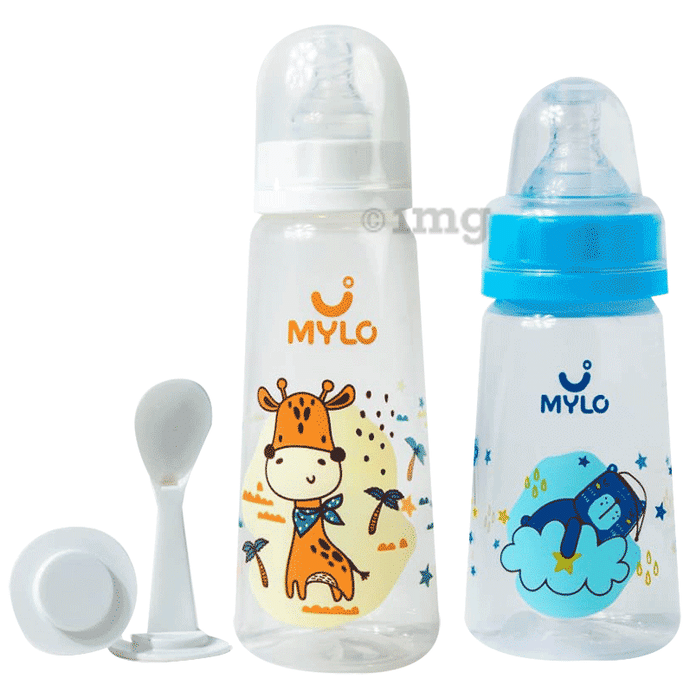 Mylo 2 In 1 BPA Free with Anti-Colic Nipple & Spoon Baby Feeding Bottle (125ml & 250 ml) Bear & Giraffe