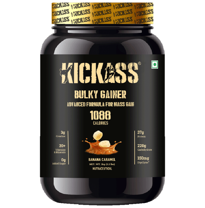 Kickass Bulky Gainer Advanced Formula for Mass Gain Banana Caramel Powder