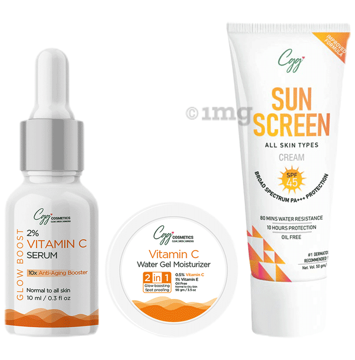 CGG Cosmetics Combo Pack of 2% Vitamin C Serum (10 ml) &Water Gel Moisturizer (100 gm) , Sunscreen Cream SPF 45 (50 gm)