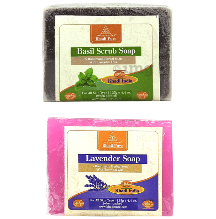 Khadi Pure Combo Pack of Basil Scrub Soap & Lavender Soap (125gm Each)