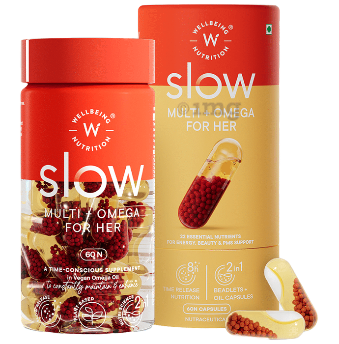 Wellbeing Nutrition Slow Multi + Omega for Her Multivitamin Vegan omega-3 oil, B-complex Capsule