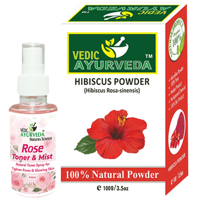 Vedic Ayurveda Combo Pack of Hibiscus powder (100gm) with Rose Toner & Mist (100ml))