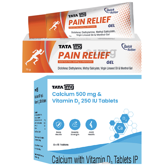 Combo Pack of Tata 1mg Calcium 500mg & Vitamin D3 250IU Tablet (15) & Tata 1mg Pain Relief Gel (75gm)