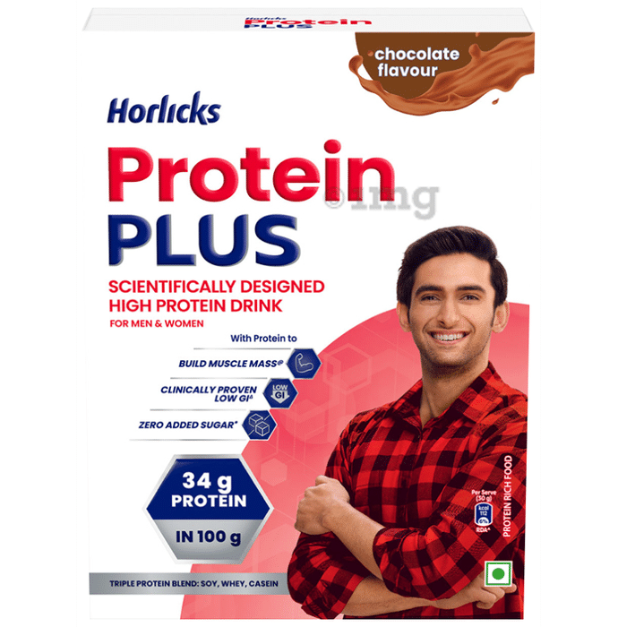 Horlicks Protein Plus with Triple Protein Blend of Soy, Whey, Casein | No Added Sugar | Flavour Chocolate