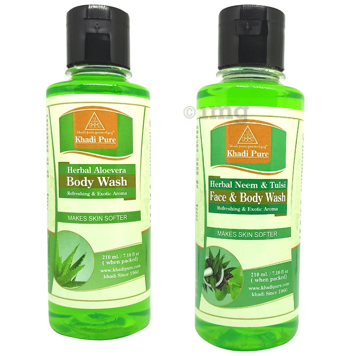 Khadi Pure Combo Pack of Aloevera Body Wash and Herbal Neem & Tulsi Face & Body Wash (210ml Each)