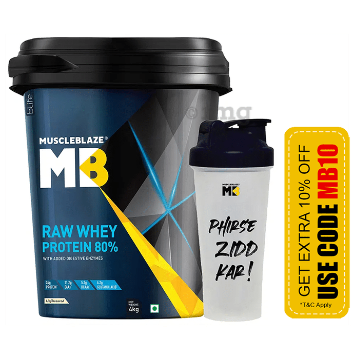 MuscleBlaze Raw Whey Protein 80% | Added Digestive Enzymes For Muscle gain | No Added Sugar | Flavour Powder with Shaker Free Unflavoured