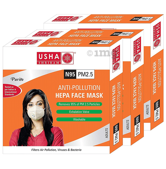 Usha Shriram N95 Anti-Pollution Hepa Face Mask for Adults (Pack of 3)