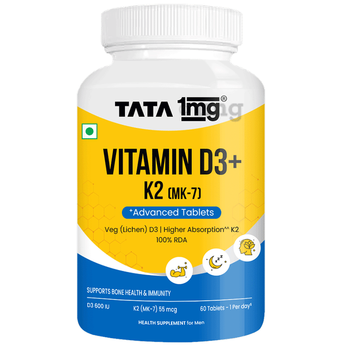 Tata 1mg Vitamin D3+K2 (MK 7 ) Advanced Tablet | for Stronger Bones and Immunity | 600 IU Vitamin D3 + 55 mcg K2