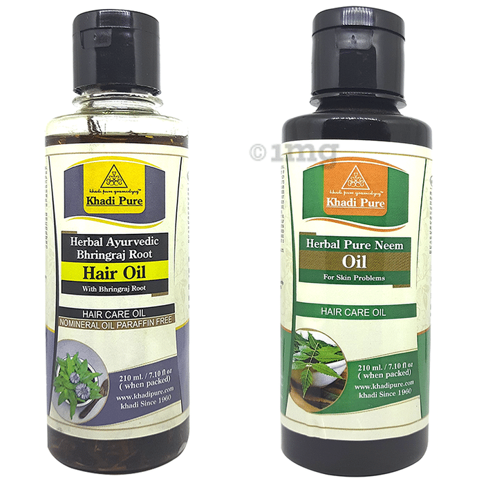 Khadi Pure Combo Pack of Herbal Pure Neem & Herbal Ayurvedic Bhringraj Root Hair Oil Mineral Oil Free & Paraffin Free (210ml Each)