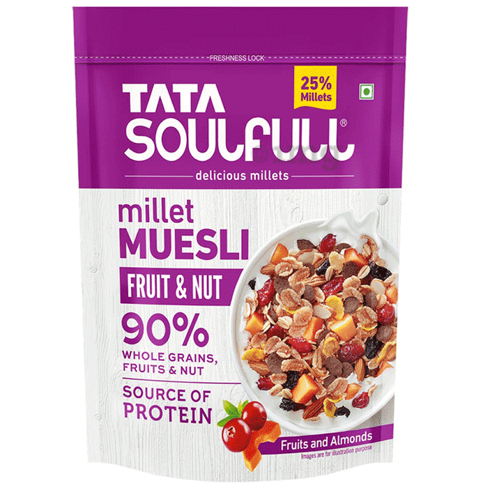 Tata Soulfull Millet Muesli Fruit & Nut 90% Whole Grains Breakfast Cereal, Real Fruits & Almonds Fruits & Almonds