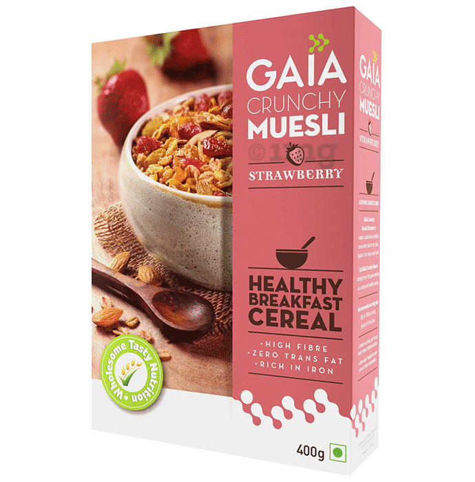 GAIA with Vitamins, Minerals, High Protein & Fibres for Nutrition | Crunchy Strawberry Muesli