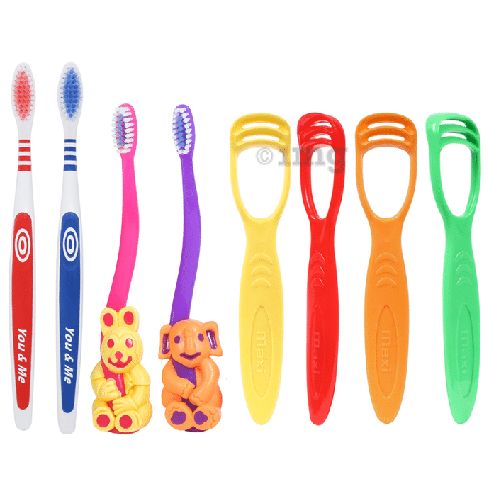 Maxi Oral Care Family Pack of 2 You & Me Active Toothbrush, 2 Bingo Junior Toothbrush and 4 Tongue Cleaner 1 Number