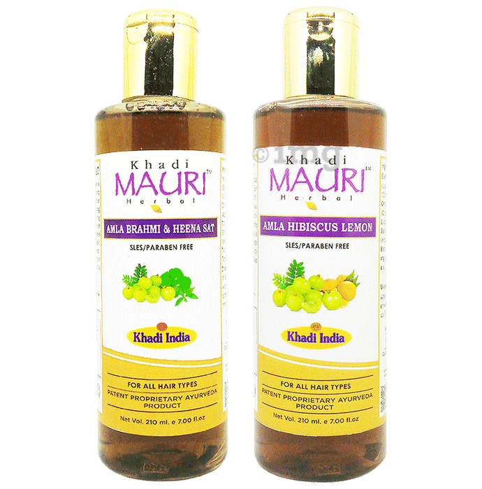 Khadi Mauri Herbal Amla Brahmi Heena Sat & Amla Hibiscus Lemon Shampoo (210ml Each)