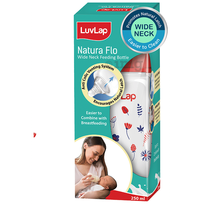 LuvLap 3M+ Natura Flo Wide Neck Feeding Bottle Red Blue Floral