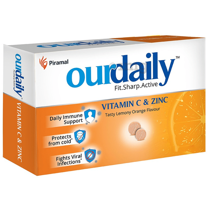 OurDaily Vitamin C & Zinc for Immunity and Protection from Cold & Infections | Flavour Tasty Lemony Orange Chewable Tablet