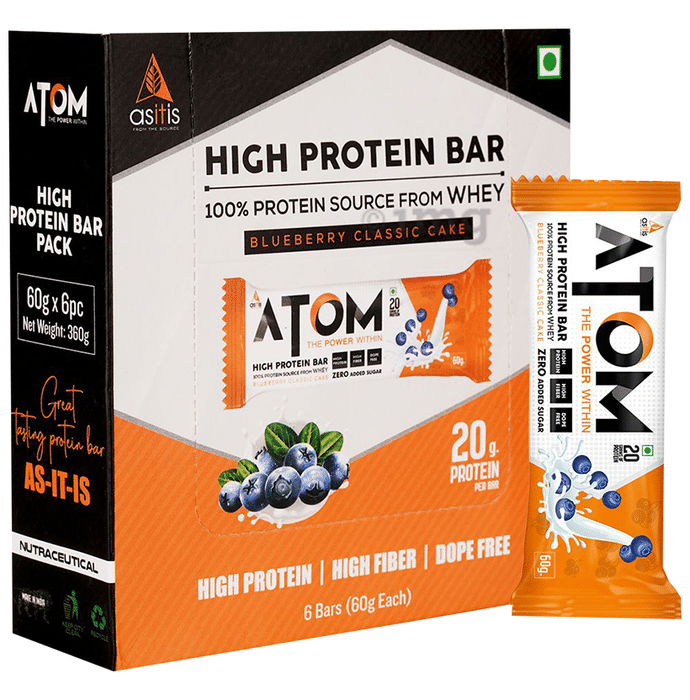 AS-IT-IS Nutrition Atom High Protein Bar (60gm Each) Blueberry Classic Cake